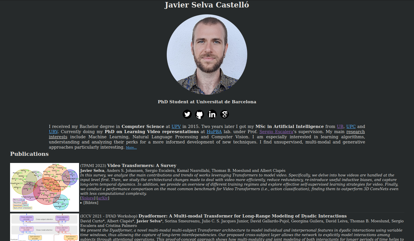A black background image showing a website. There is a picture of a white man smiling, and a list of published papers below, each accompanied by a diagram